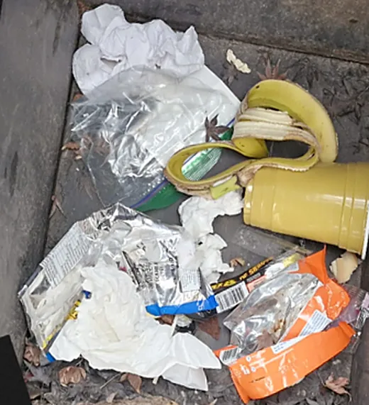 Interior de un contenedor con envoltorios, papeles, una cáscara de plátano y un vaso, todo mezclado.