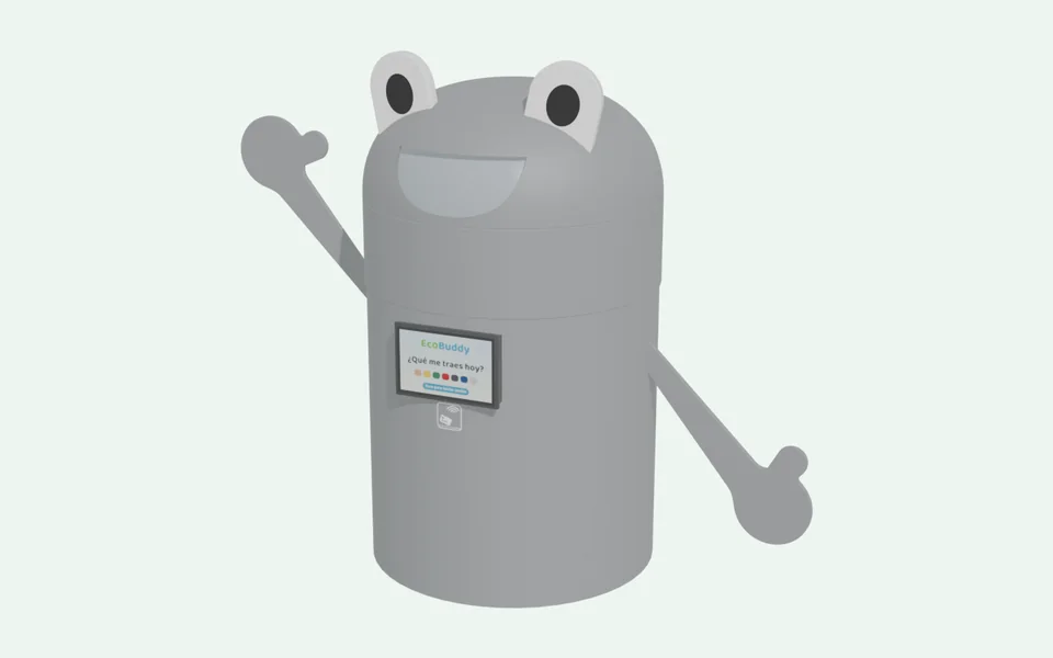 Concepto 3D del EcoBuddy del futuro desarmado: sus compartimentos de colores flotan alrededor de una columna central.