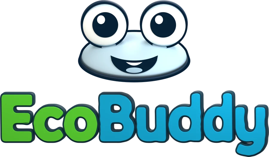 Logo de EcoBuddy: la cara con ojos grandes sobre la palabra EcoBuddy.